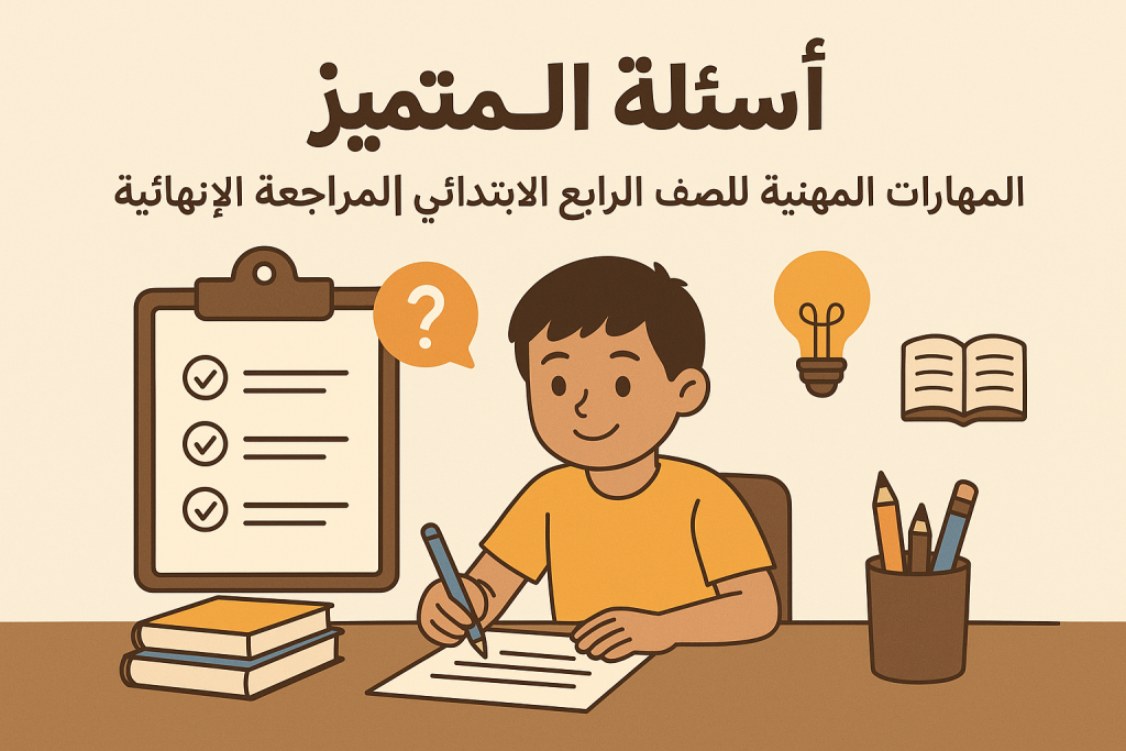 صورة لطفل يراجع دروس المهارات المهنية للصف الرابع الابتدائي، يكتب على ورقة بجانب أدوات مدرسية، مع رموز تدل على التفكير والمراجعة النهائية، في جو من التركيز والاستعداد للاختبار